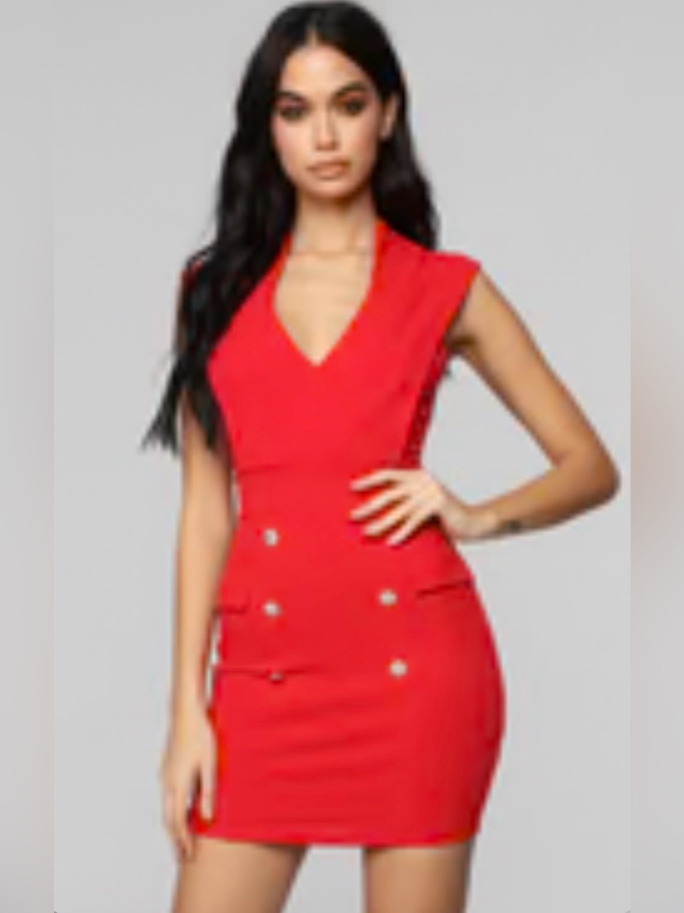 Fashion Nova Red V-Neck Double-Breasted Mini Dress
